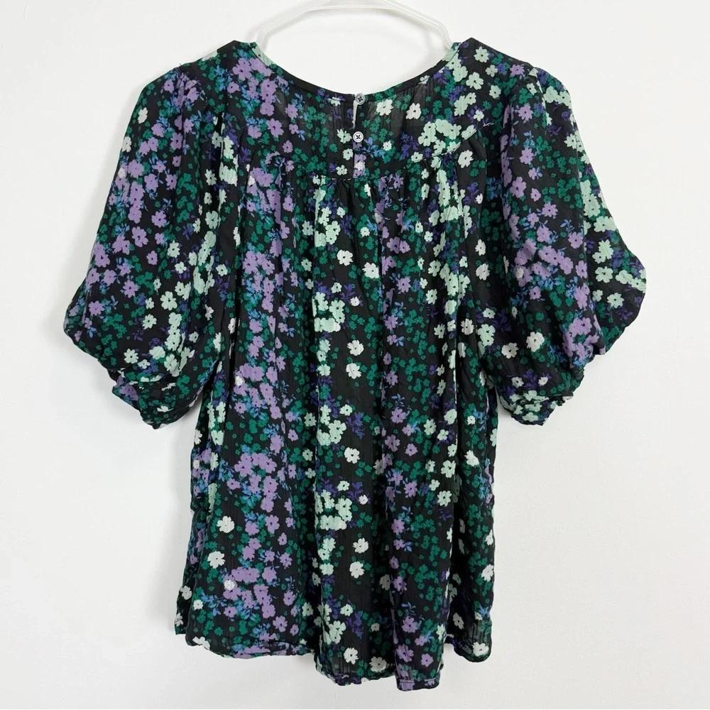 Loft Puff Sleeve Top Womens Medium Black Purple Green Floral Flower Blouse Shirt